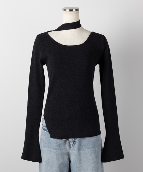 ノーブル　チョーカーリブニットトップス　黒 セール】【 2color 】チョーカーリブニットトップス ／choker