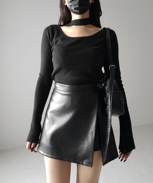 ノーブル　チョーカーリブニットトップス　黒 ノーブル チョーカーリブニットトップス 黒 セール】チョーカー