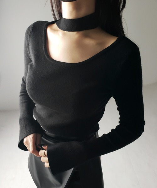 セール】【 2color 】チョーカーリブニットトップス ／choker