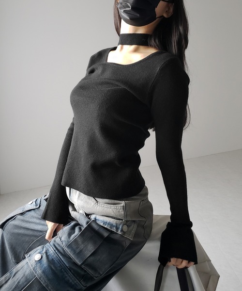 セール】【 2color 】チョーカーリブニットトップス ／choker
