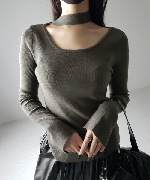 セール】【 2color 】チョーカーリブニットトップス ／choker