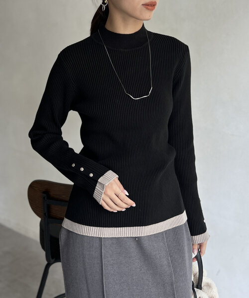 セール】配色袖口ボタンハイネックプルオーバー（ニット/セーター