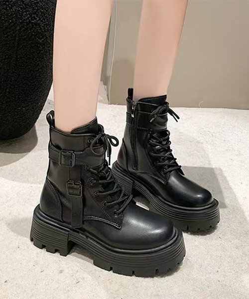 セール】ラウンドトゥ レーレスアップ 厚底 ショート ブーツ
