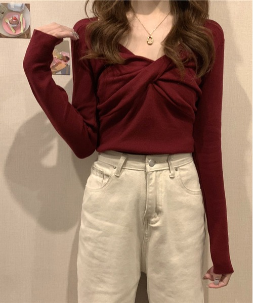 MAISON DE THERESE(メゾン ド テレーズ)の「フロントクロス長袖ニットトップス(ニット/セーター・レディース・グレー/ブラック/ワイン/ベージュ/ブラウン/ホワイト・FREE)」の6枚目の写真