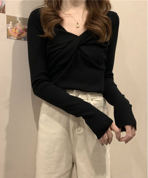 セール】フロントクロス長袖ニットトップス（ニット/セーター