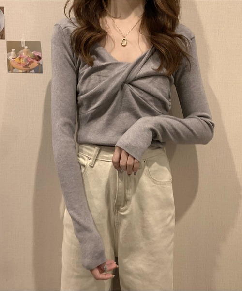 セール】フロントクロス長袖ニットトップス（ニット/セーター