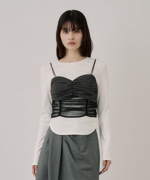 UNITED TOKYO（ユナイテッドトウキョウ）の「ギャザービスチェコンビTEE｜ウォッシャブル/ロンT/ビスチェ/春服（Tシャツ/カットソー・レディース・ホワイト/ブラック・FREE）」の9枚目の写真