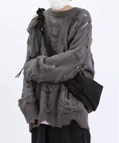 BARELY BLUE(ベアリーブルー)の「【 BARELY BLUE / ベアリーブルー 】 レイヤード ダメージ デザイン ニット / UNISEX(ニット/セーター・メンズ・ブラック/グレー・S/M/L)」の1枚目の写真