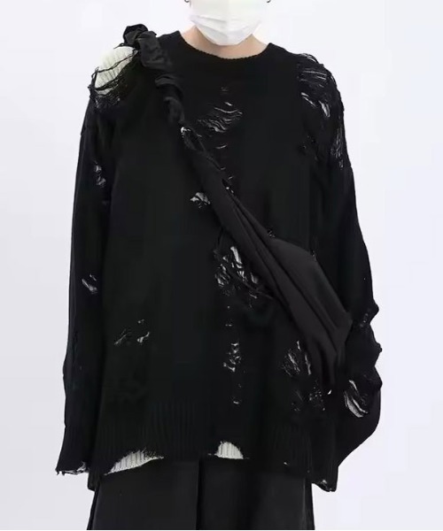 BARELY BLUE(ベアリーブルー)の「【 BARELY BLUE / ベアリーブルー 】 レイヤード ダメージ デザイン ニット / UNISEX(ニット/セーター・メンズ・ブラック/グレー・S/M/L)」の2枚目の写真