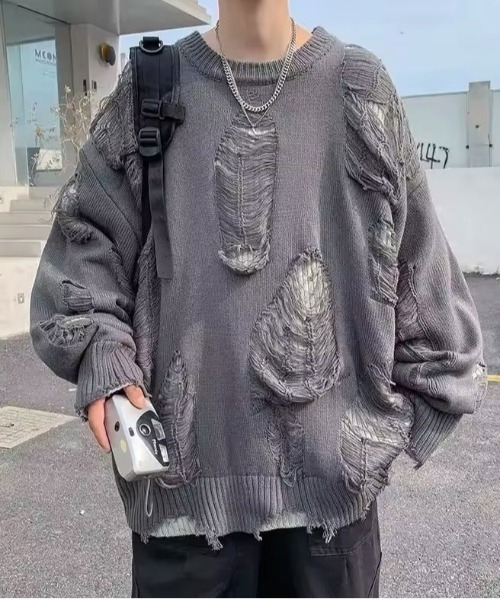 BARELY BLUE(ベアリーブルー)の「【 BARELY BLUE / ベアリーブルー 】 レイヤード ダメージ デザイン ニット / UNISEX(ニット/セーター・メンズ・ブラック/グレー・S/M/L)」の5枚目の写真