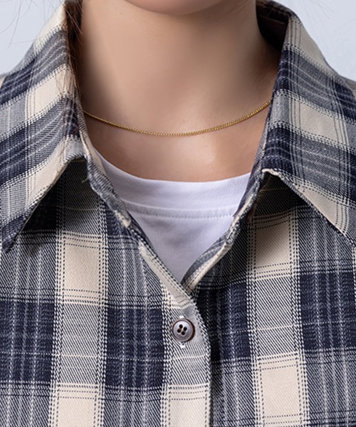 DAY CLOSET（デイ クローゼット）の「【カラーで選べる質感/ゆるっと羽織れるオーバーサイズ】長袖チェック柄ラウンドアシメヘムボックスプリーツシャツ（シャツ/ブラウス・レディース・ネイビー/イエロー×グレー・M/L）」の6枚目の写真