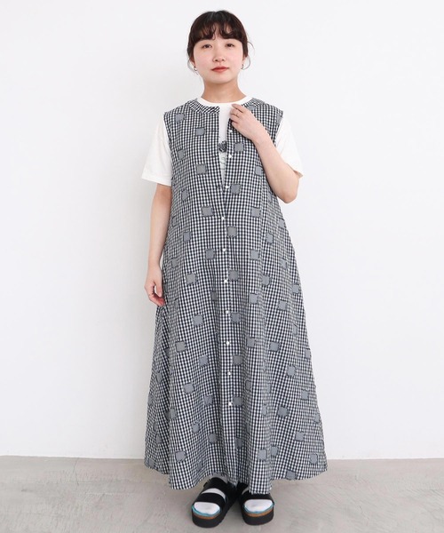 極美品 アトリエドゥサボン カットジャガード ギンガムストライプワンピース 半袖 極美品 アトリエドゥサボン カットジャガード ギンガム