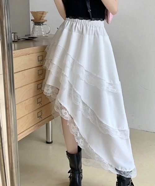 輸入品】レースフリルスカート 白 ホワイト ひざ丈 フレア