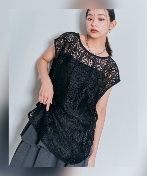 W:Huku(フーク)の「スクエアレース ノースリーブ トップス / ノースリーブ フレンチスリーブ 袖なし(シャツ/ブラウス・レディース・オフホワイト/ブラック・FREE)」の10枚目の写真