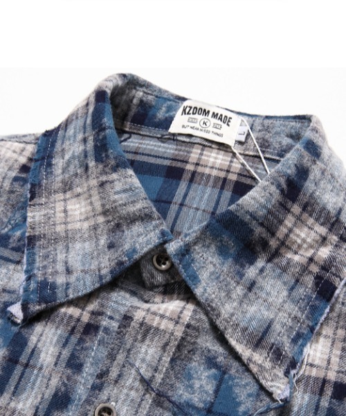 B'day（ビーデイ）の「【 B'day / ビーデー 】ヴィンテージ加工フリンジチェックシャツ（シャツ/ブラウス・メンズ・ブルー/ブラック・XX-LARGE/X-LARGE/LARGE）」の6枚目の写真