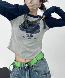 ヴィンテージ風 ナンバープリント クロップド丈 ラグランスリーブ Tシャツ