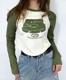 ヴィンテージ風 ナンバープリント クロップド丈 ラグランスリーブ Tシャツ