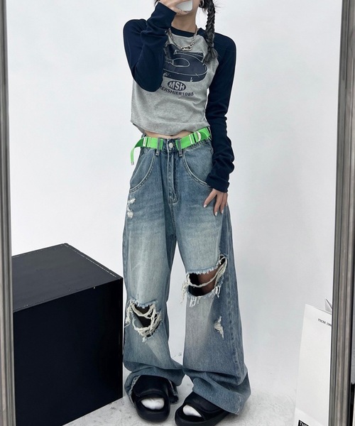 Lace Ladies(レースレディース)の「ヴィンテージ風 ナンバープリント クロップド丈 ラグランスリーブ Tシャツ(Tシャツ/カットソー・レディース・アイボリー/グレー・S/XL/M)」の4枚目の写真