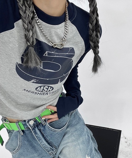 Lace Ladies(レースレディース)の「ヴィンテージ風 ナンバープリント クロップド丈 ラグランスリーブ Tシャツ(Tシャツ/カットソー・レディース・アイボリー/グレー・S/XL/M)」の5枚目の写真