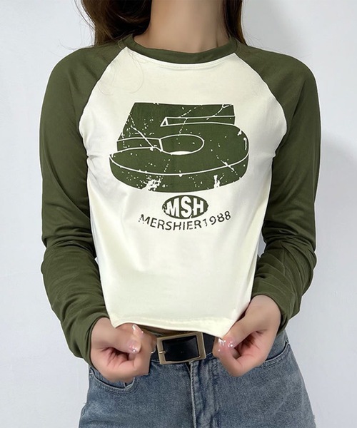 Lace Ladies(レースレディース)の「ヴィンテージ風 ナンバープリント クロップド丈 ラグランスリーブ Tシャツ(Tシャツ/カットソー・レディース・アイボリー/グレー・S/XL/M)」の6枚目の写真