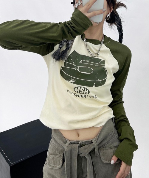 Lace Ladies(レースレディース)の「ヴィンテージ風 ナンバープリント クロップド丈 ラグランスリーブ Tシャツ(Tシャツ/カットソー・レディース・アイボリー/グレー・S/XL/M)」の9枚目の写真