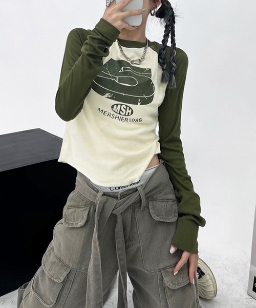 Lace Ladies(レースレディース)の「ヴィンテージ風 ナンバープリント クロップド丈 ラグランスリーブ Tシャツ(Tシャツ/カットソー・レディース・アイボリー/グレー・S/XL/M)」の10枚目の写真