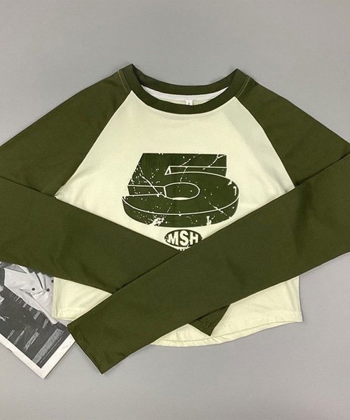 Lace Ladies(レースレディース)の「ヴィンテージ風 ナンバープリント クロップド丈 ラグランスリーブ Tシャツ(Tシャツ/カットソー・レディース・アイボリー/グレー・S/XL/M)」の11枚目の写真