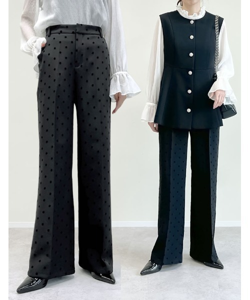 2点セット]ペプラムベスト×ドットor無地センタープレスパンツ 