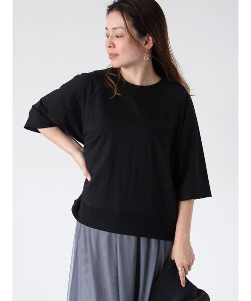 Lugnoncure（ルノンキュール）の「7分袖カットオフミニ裏毛トップス（Tシャツ/カットソー・レディース・チャコールグレー/オフホワイト/ブラック・F）」の2枚目の写真