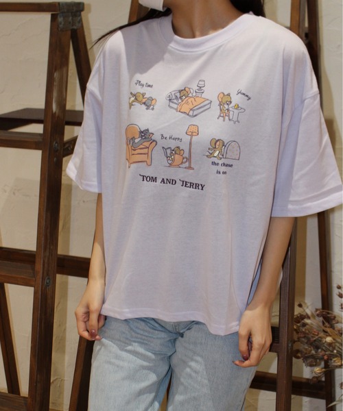 Tom&Jerry(トムアンドジェリー)の「【TOM & JERRY/トムとジェリー】天竺 プリント/刺繍 WIDEシルエット 半袖Tシャツ(Tシャツ/カットソー・レディース・ブルー系/ブラウン/オフホワイト/ライラック・L/M)」の5枚目の写真