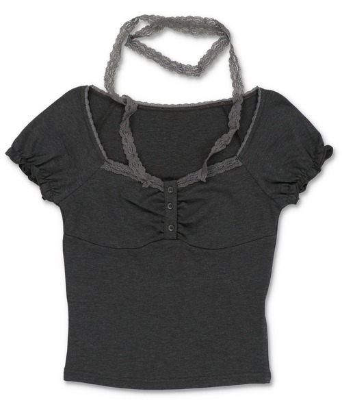 SPINNS（スピンズ）の「大人気デザインが半袖になって再登場！半袖カットソー/レースタイ/細マフラー付き（Tシャツ/カットソー・レディース・ベージュ/チャコール/ブラック/アイボリー・ONESIZE）」の3枚目の写真