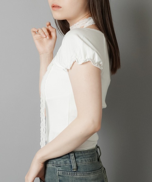 SPINNS（スピンズ）の「大人気デザインが半袖になって再登場！半袖カットソー/レースタイ/細マフラー付き（Tシャツ/カットソー・レディース・ベージュ/チャコール/ブラック/アイボリー・ONESIZE）」の6枚目の写真