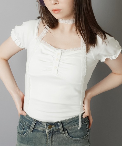 SPINNS（スピンズ）の「大人気デザインが半袖になって再登場！半袖カットソー/レースタイ/細マフラー付き（Tシャツ/カットソー・レディース・ベージュ/チャコール/ブラック/アイボリー・ONESIZE）」の5枚目の写真