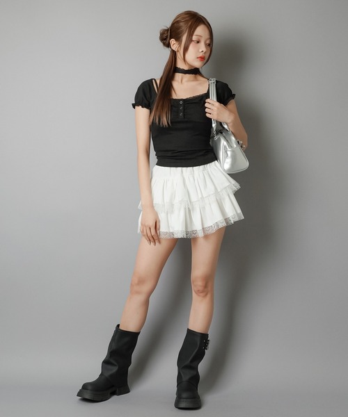 SPINNS（スピンズ）の「大人気デザインが半袖になって再登場！半袖カットソー/レースタイ/細マフラー付き（Tシャツ/カットソー・レディース・ベージュ/チャコール/ブラック/アイボリー・ONESIZE）」の16枚目の写真