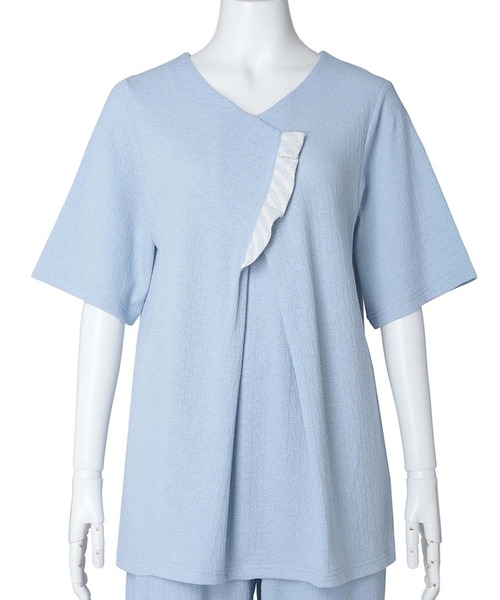 KID BLUE(キッドブルー)の「キッドブルー -梨地JQ -5分袖トップス -KRBN348 -kidblue(Tシャツ/カットソー・レディース・アイボリー/サックスブルー・M)」の1枚目の写真