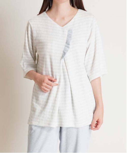 KID BLUE(キッドブルー)の「キッドブルー -梨地JQ -5分袖トップス -KRBN348 -kidblue(Tシャツ/カットソー・レディース・アイボリー/サックスブルー・M)」の2枚目の写真