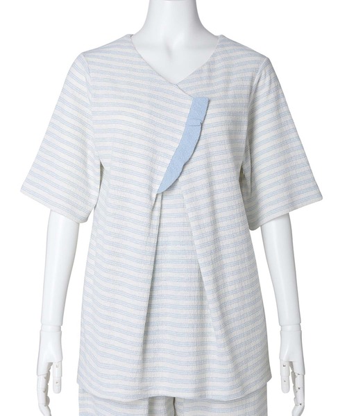 KID BLUE(キッドブルー)の「キッドブルー -梨地JQ -5分袖トップス -KRBN348 -kidblue(Tシャツ/カットソー・レディース・アイボリー/サックスブルー・M)」の7枚目の写真