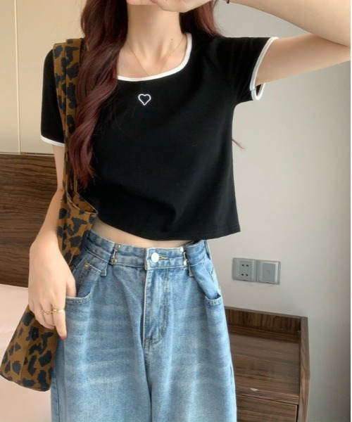 WEGO（ウィゴー）の「WEGO/パイピングハート刺繍Tシャツ（Tシャツ/カットソー・レディース・ブラック/ピンク/ホワイト・MEDIUM/SMALL）」の10枚目の写真