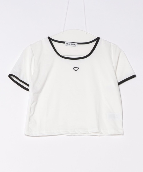 WEGO（ウィゴー）の「WEGO/パイピングハート刺繍Tシャツ（Tシャツ/カットソー・レディース・ブラック/ピンク/ホワイト・MEDIUM/SMALL）」の5枚目の写真