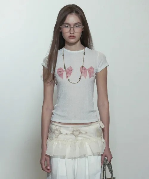 Tシャツ・カットソー [SCULPTOR] Bow Bow Baby Tee White SC24S269WH Bow Bow Baby Tee（Tシャツ/カットソー）｜SCULPTOR（スカルプ