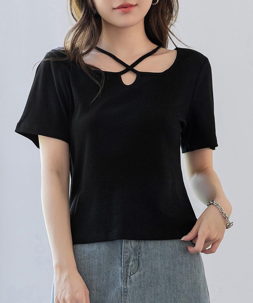コッスィ〰️デコルテTシャツM.L2枚セット セール】レディース デコルテきれい魅せ。半袖クロスネックリブ