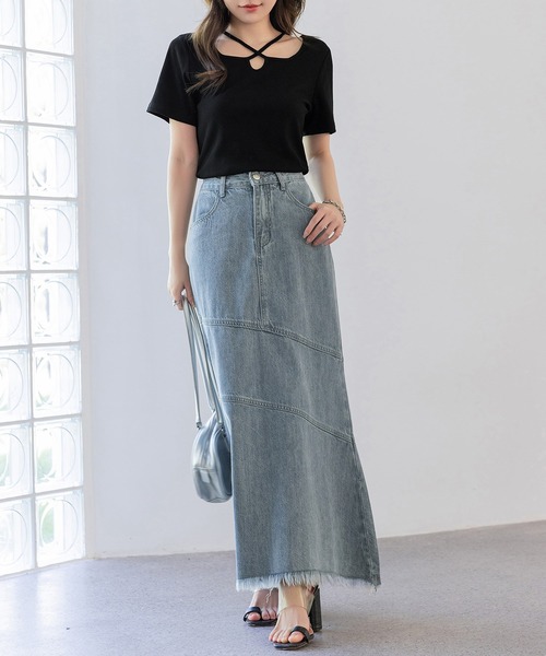 DAY CLOSET(デイ クローゼット)の「レディース デコルテきれい魅せ。半袖クロスネックリブトップス(Tシャツ/カットソー・レディース・ホワイト/ブラック/グレー/チャコールグレー・FREE)」の14枚目の写真