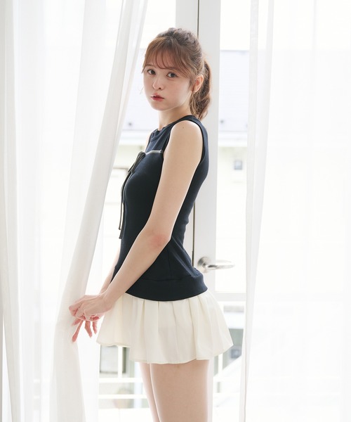 ワンピース ノースリーブ ミニ丈 リボン きれいめ デート L3302 セール】doking no sleeve ribbon mini ribbon onepiece