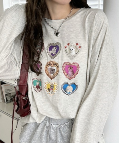 Ada.(エイダ)の「フレーム ハート ファンシー 猫 ロンT(Tシャツ/カットソー・レディース・ブラック/オフホワイト/オートミール・FREE)」の3枚目の写真
