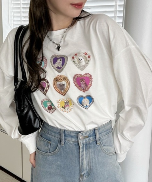 Ada.(エイダ)の「フレーム ハート ファンシー 猫 ロンT(Tシャツ/カットソー・レディース・ブラック/オフホワイト/オートミール・FREE)」の1枚目の写真