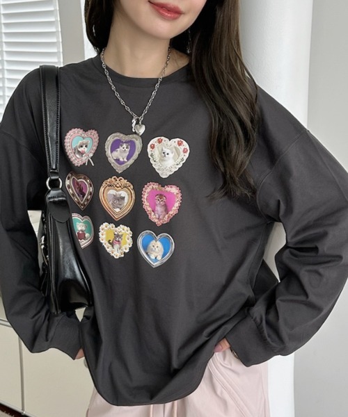 Ada.(エイダ)の「フレーム ハート ファンシー 猫 ロンT(Tシャツ/カットソー・レディース・ブラック/オフホワイト/オートミール・FREE)」の2枚目の写真
