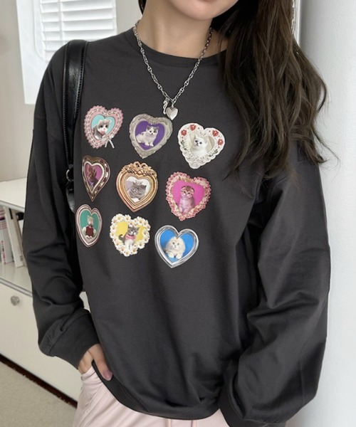 Ada.(エイダ)の「フレーム ハート ファンシー 猫 ロンT(Tシャツ/カットソー・レディース・ブラック/オフホワイト/オートミール・FREE)」の12枚目の写真