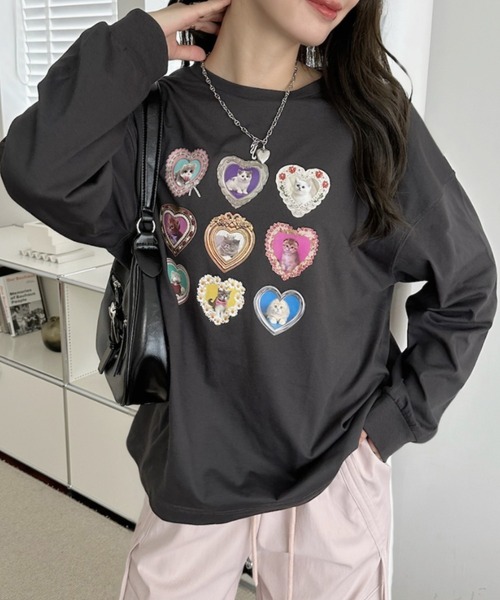Ada.(エイダ)の「フレーム ハート ファンシー 猫 ロンT(Tシャツ/カットソー・レディース・ブラック/オフホワイト/オートミール・FREE)」の10枚目の写真