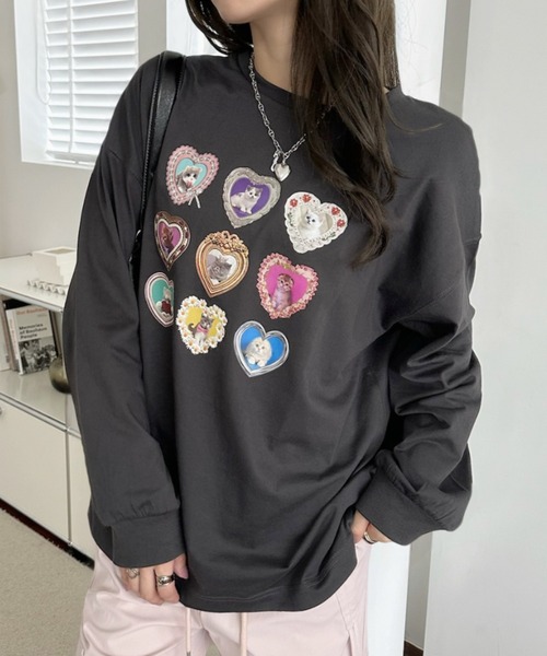Ada.(エイダ)の「フレーム ハート ファンシー 猫 ロンT(Tシャツ/カットソー・レディース・ブラック/オフホワイト/オートミール・FREE)」の9枚目の写真