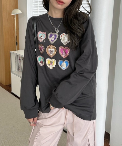 Ada.(エイダ)の「フレーム ハート ファンシー 猫 ロンT(Tシャツ/カットソー・レディース・ブラック/オフホワイト/オートミール・FREE)」の11枚目の写真